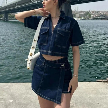 MUJER Blue Denim Shirt Woman Short Sleeve Cropped Shirt Women Summer Short Tops Woman Streetwear Y2k Stylish Women's Blouses Quick Pick Grocers