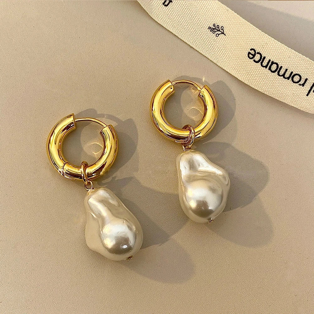 New Vintage Circle Drop Earrings Baroque Pearl Earrings Gold Color Round Earclip Women Temperament Elegant Jewelry Party Gifts Econic Blanks