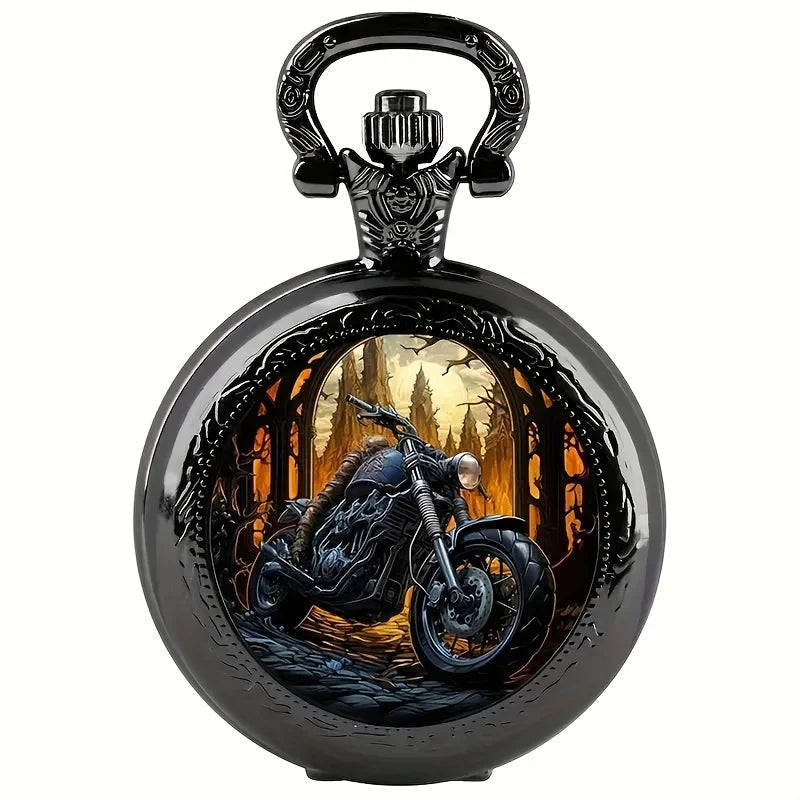 Vintage Black Motorcycle Quartz Pocket Watch, Necklace Pendant With World Time Feature, Ideal Gift For Men & Women and Kids Quick Pick Grocers