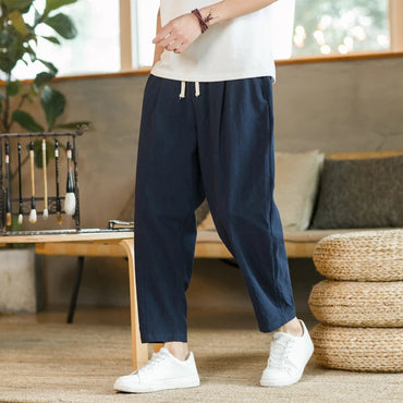 Men's Trousers Cotton Linen Fashion Casual Pants Solid Color Breathable Loose Shorts Straight Drawstring Pants Streetwear Men Quick Pick Grocers