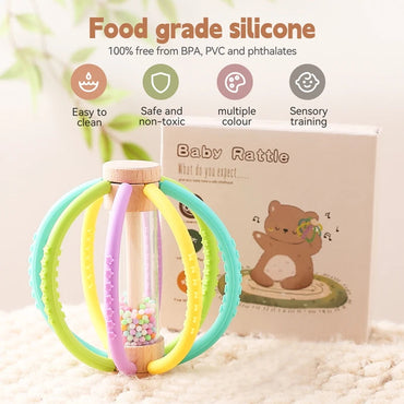 Baby Rattle Toy Wooden Rain Drum With Silicone Baby Sensory Touch Toy Newborn Dental Care Gum Anti-eating Hand Molar Stick Gif Purest Peak