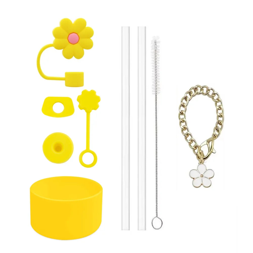 Cup Accessories for Stanley Cup Set of 9 Straw and Brush and 1 Flower Charm Chain 3 Spill Proof Stopper Flowers Straw Cover Boot Quick Pick Grocers