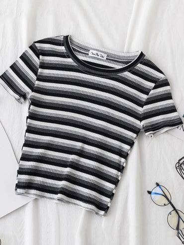 New T Shirt Women Rainbow Striped Tops Slim Fit t shirt Harajuku Tshirt Summer Short Sleeve Korean T-shirt feminina Clothes Tops Quick Pick Grocers