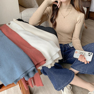 Autumn Winter Mock Neck Women Sweater Vintage Basic Solid Knitted Tops Casual Slim Pullover Korean Sweaters Simple Chic Jumpers Quick Pick Grocers
