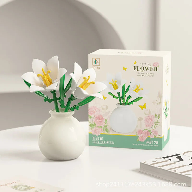 Building block pot plant bouquet of flowers, roses, lily building blocks, toys with flower pots, cute living room ornaments gift Quick Pick Grocers