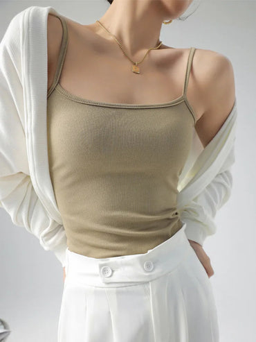 Women's Summer Basic Sleeveless Tank Top Spaghetti Strap Slim Fit Stretch Knitted Solid Color Camisole Quick Pick Grocers