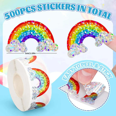 500 Pcs Rainbow Stickers Roll Laser Colored Rainbow Shape Seal Stickers Waterproof Self-Adhesive Decals for Envelope Quick Pick Grocers