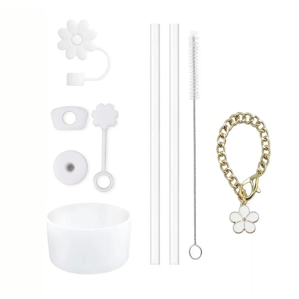 Cup Accessories for Stanley Cup Set of 9 Straw and Brush and 1 Flower Charm Chain 3 Spill Proof Stopper Flowers Straw Cover Boot Quick Pick Grocers