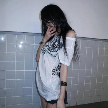 Karrram Japanese Y2k Letter Print T-shirt Trashy 2000s Style Tattoo T Shirt Vintage Harajuku Short Sleeve Sheer Tops Grunge Goth Quick Pick Grocers