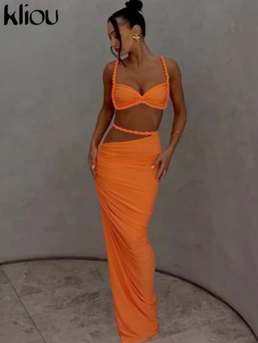 kliou Woven Sexy Women 2 Piece Set Stunning Hot Solid Pleated Crop Camisoles+High Waist Maxi Skirts Female Trend Vacation Outfit Quick Pick Grocers