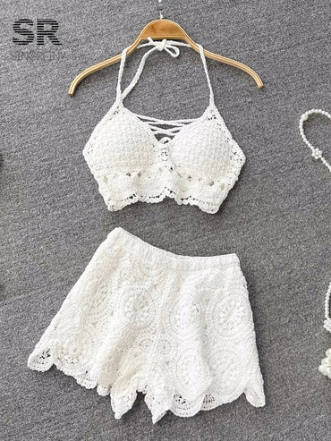 SINGREINY Knit Two Piece Sets Women Summer Vacation Backless Camisole Elastic Waist Shorts Hollow Out Y2K Beach Style Suits Quick Pick Grocers