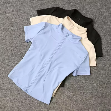 Women Summer Slim Yoga Tops Stand Collar Full Zipper Short Sleeves Shirts Solid Workout Clothes Gym Running Coats Lady Casual Quick Pick Grocers