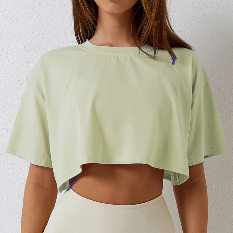 Cotton Women Short Sleeve Dance Running Clothes Yoga Fitness Crop Top Navel Baring New Sport T-shirt Loose Gym Workout Shirts Quick Pick Grocers