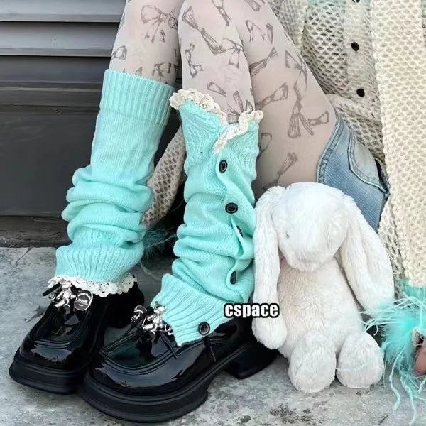 JK Girls Leg Sock Set Lolita Button Lace Warm Sock Set New Button Lace Sock Set Straight Knitted Leg Warmers Quick Pick Grocers