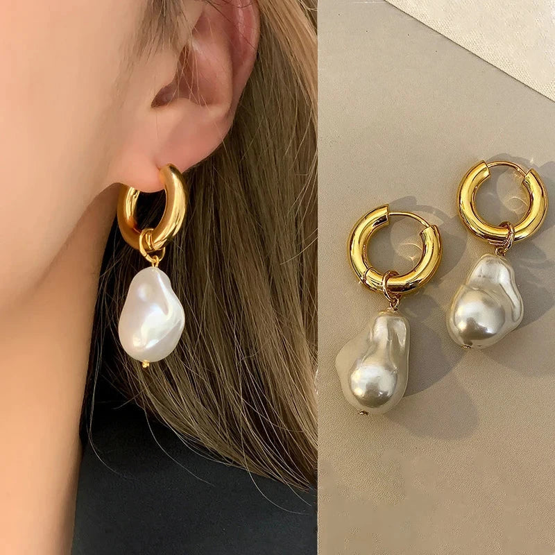 New Vintage Circle Drop Earrings Baroque Pearl Earrings Gold Color Round Earclip Women Temperament Elegant Jewelry Party Gifts Econic Blanks