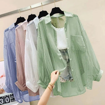 Summer Sunscreen Shirt Elegant Perspective Thin Chiffon Blouse Korean Harajuku See Through Loose Top Casual Women's Cardigan Quick Pick Grocers