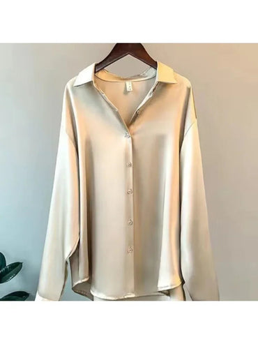 Plus Size Casual Women Silk Shirt 2025 New Fashion Loose Long Sleeve Button-Down Blouse Female Elegant Top Office Acetate Shirts Quick Pick Grocers