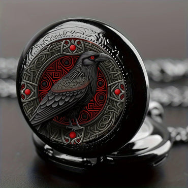 Gothic Design Black Raven Pocket Watch With Necklace Alloy Case & Band,Quartz Movement, Non-Waterproof Watch for Men Women Kids Quick Pick Grocers