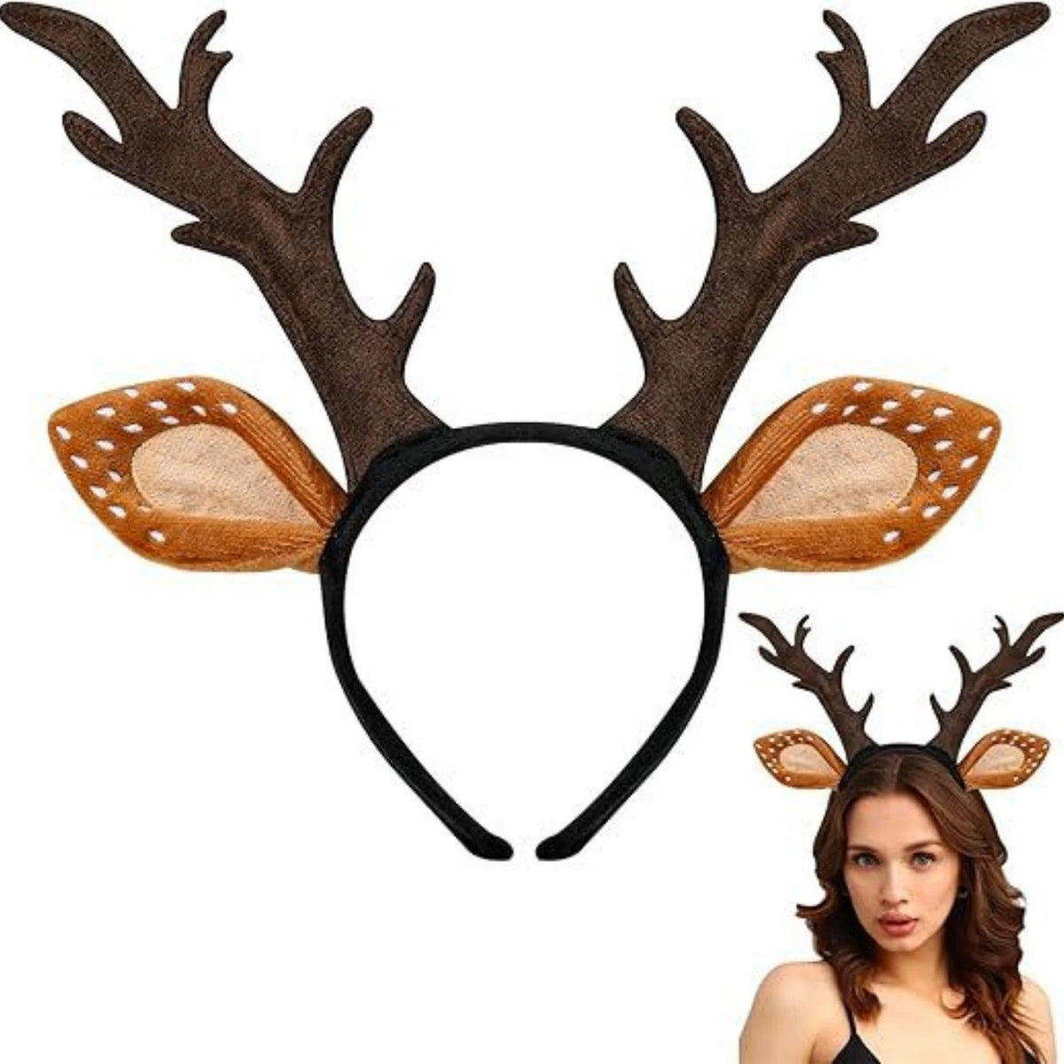 1PC Deer Antlers Headband: Plush Ear & Brown Antler Hair Hoop for Christmas & Halloween Party, Animal Cosplay, Holiday Dress-Up Quick Pick Grocers