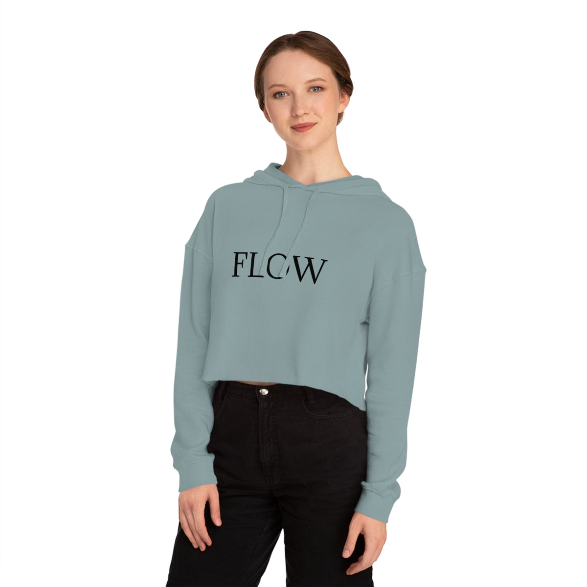 Person wearing a light blue hoodie with 'FLOW' text on a white background