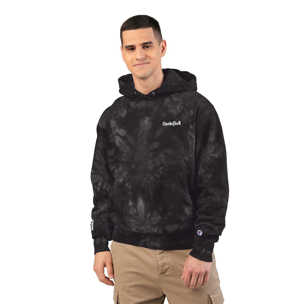 Man wearing a black tie-dye hoodie with a brand logo on a white background