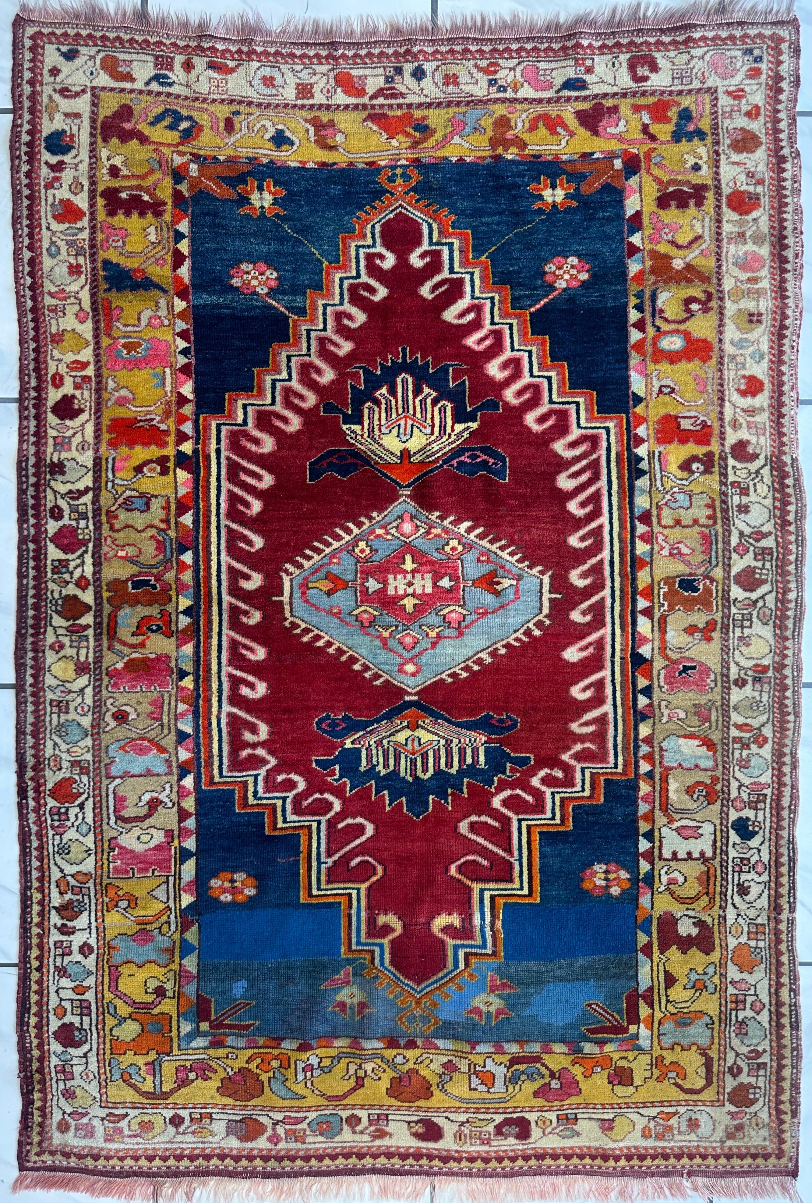 Hand-Knotted Antique Turkish Melas Wool Rug – 4'3" x 5'11" – Vibrant Geometric Motifs