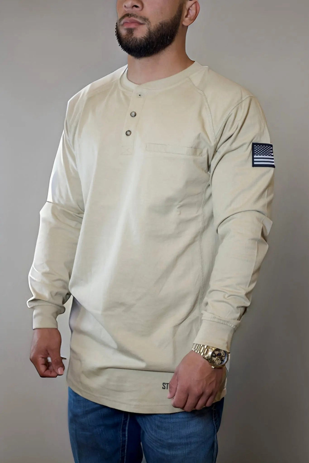 FR 3-Button Henley Shirt - Tan Static FR