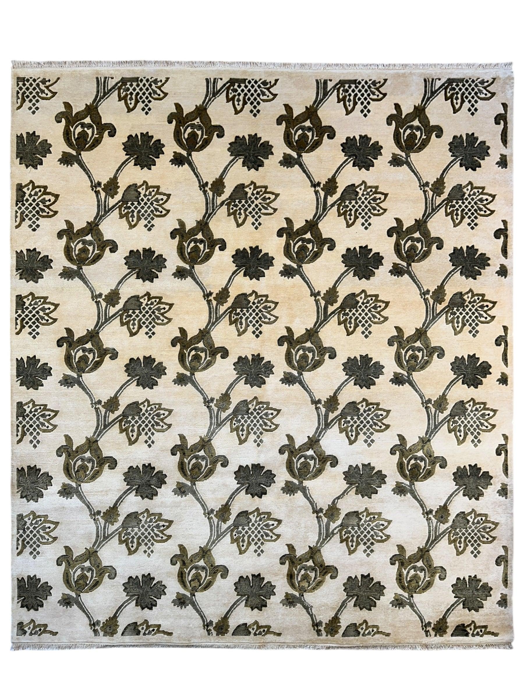 Hand-Knotted Indian Rug - 7'11" x 9'9" - Wool - Floral Pattern - Elegant Beige and Green Design