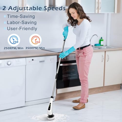 Electric Spin Scrubber, Cordless Cleaning Brush Scrubber for Home, 8 Replaceable Brush Heads-90Mins Work Time, 3 Adjustable Size, 2 Speeds for Bathroom Shower Bathtub Glass Car Quick Pick Grocers