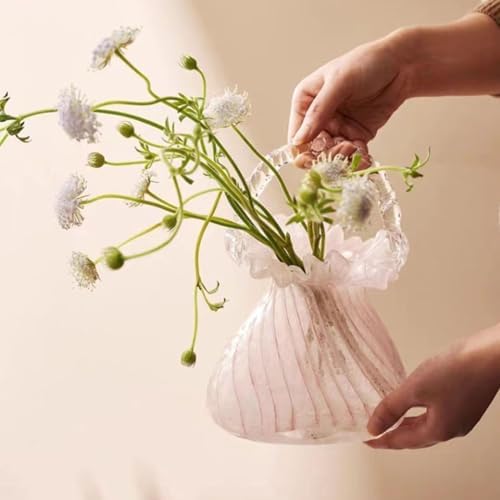 Purse Vase for Flowers (Handmade), Glass Purse Vase, Handbag Shape Vases, Blown Pink Flower for Basket, Unique Flower with Handles, Cute Flowers Vases Quick Pick Grocers