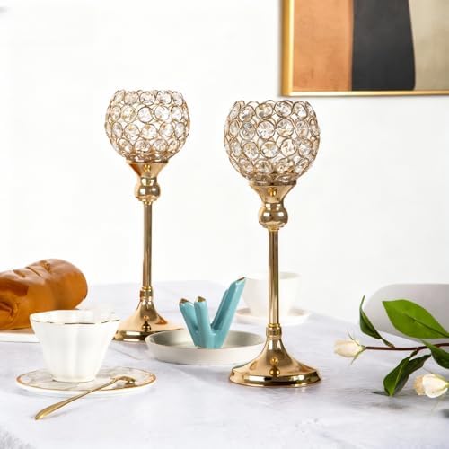 Vidisan Gold Crystal Tealight Candle Holders, Set of 2,Pillar Candle Holders Table Centerpieces for, Wedding, Home Decor，Party Housewarming Gift Quick Pick Grocers