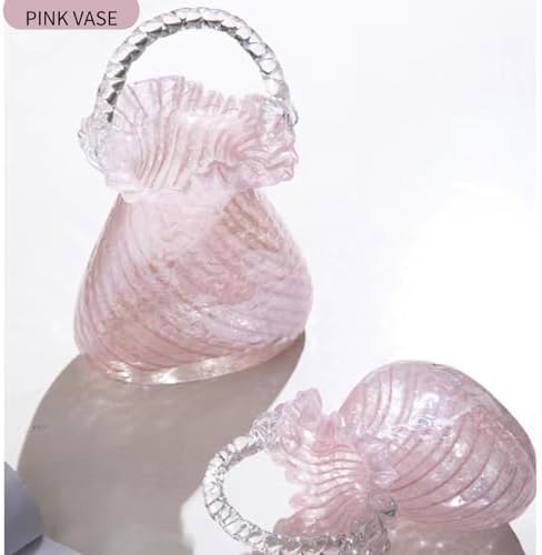 Purse Vase for Flowers (Handmade), Glass Purse Vase, Handbag Shape Vases, Blown Pink Flower for Basket, Unique Flower with Handles, Cute Flowers Vases Quick Pick Grocers