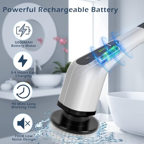 Electric Spin Scrubber, Cordless Cleaning Brush Scrubber for Home, 8 Replaceable Brush Heads-90Mins Work Time, 3 Adjustable Size, 2 Speeds for Bathroom Shower Bathtub Glass Car Quick Pick Grocers