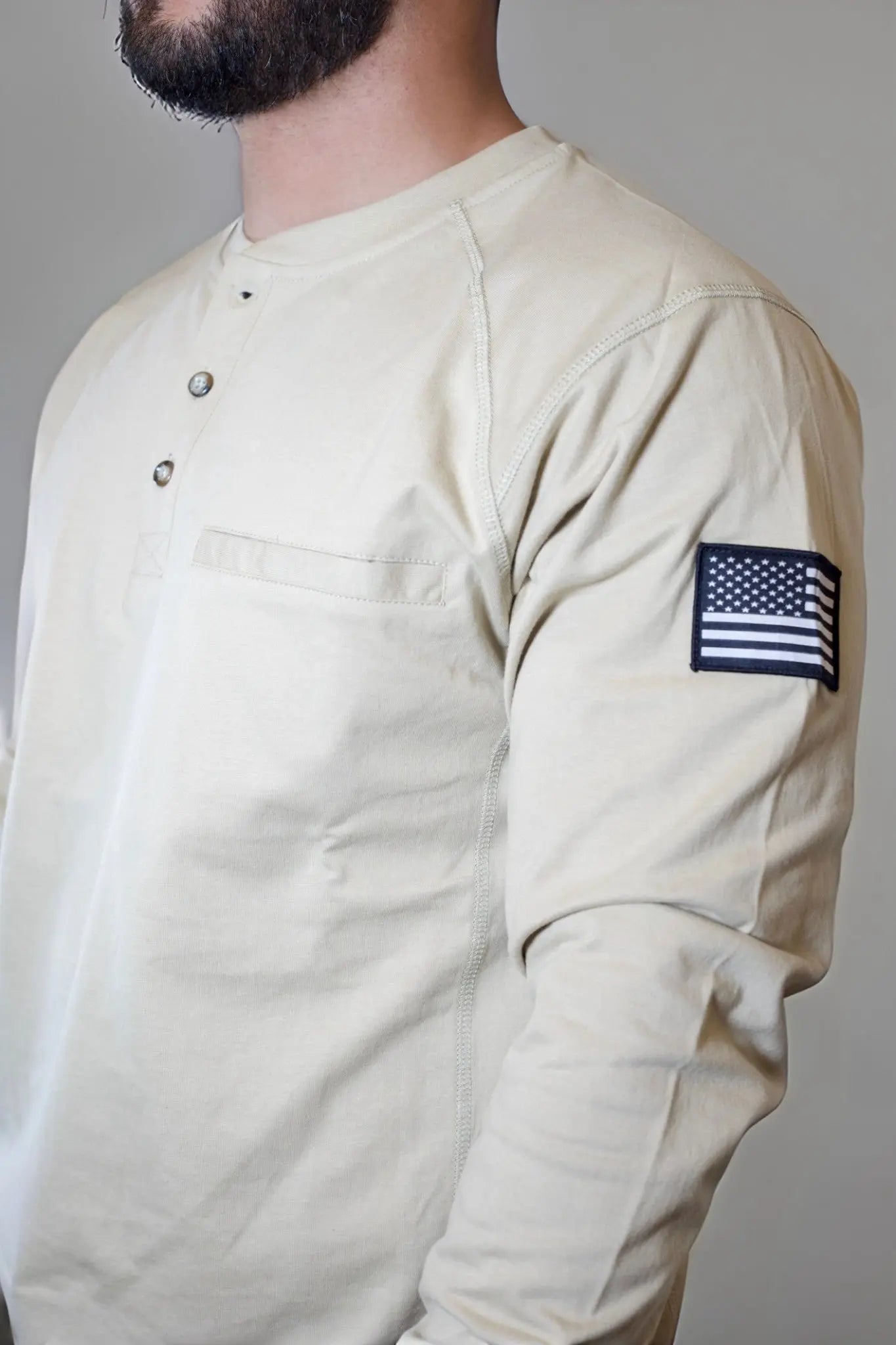 FR 3-Button Henley Shirt - Tan Static FR