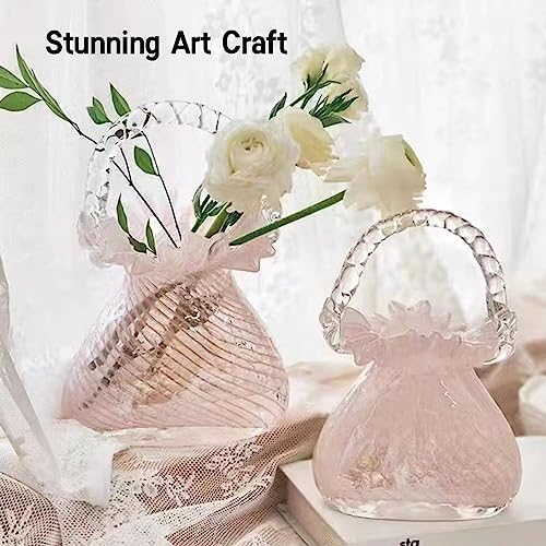 Purse Vase for Flowers (Handmade), Glass Purse Vase, Handbag Shape Vases, Blown Pink Flower for Basket, Unique Flower with Handles, Cute Flowers Vases Quick Pick Grocers