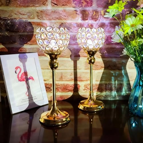 Vidisan Gold Crystal Tealight Candle Holders, Set of 2,Pillar Candle Holders Table Centerpieces for, Wedding, Home Decor，Party Housewarming Gift Quick Pick Grocers