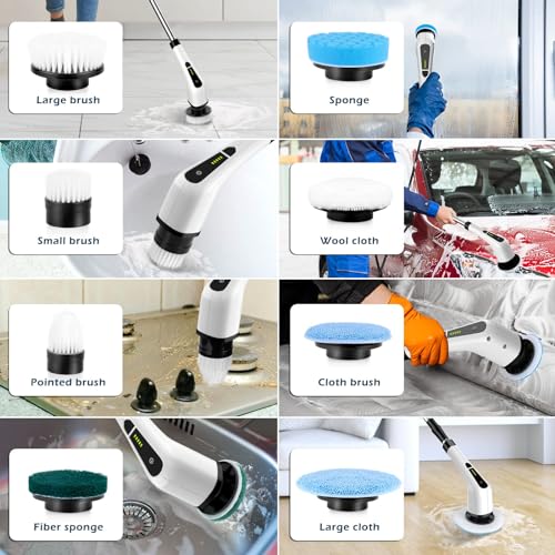 Electric Spin Scrubber, Cordless Cleaning Brush Scrubber for Home, 8 Replaceable Brush Heads-90Mins Work Time, 3 Adjustable Size, 2 Speeds for Bathroom Shower Bathtub Glass Car Quick Pick Grocers
