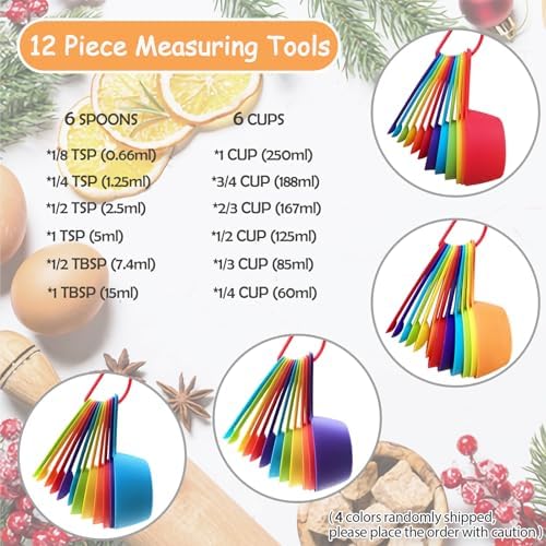 12 Piece Measuring Cups and Spoons Set, Colored Kitchen Measure Tools, Durable Nesting Cups and Spoons for Dry and Liquid, Dishwasher Safe Quick Pick Grocers