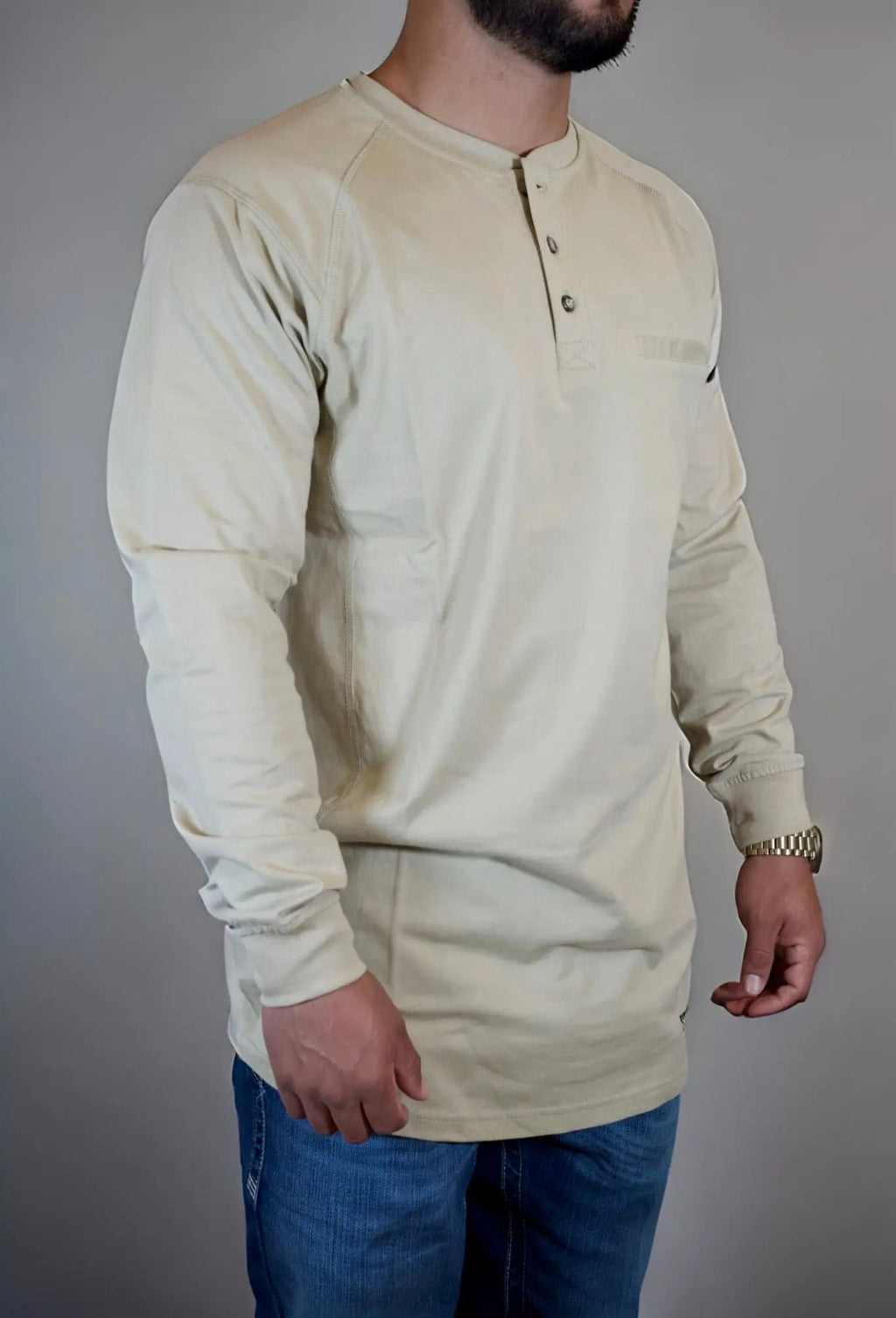FR 3-Button Henley Shirt - Tan Static FR