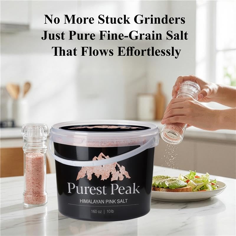 Purest Peak Fine Grain Himalayan Pink Salt, 10 LBS Bucket – Pure Gourmet Food Grade Chef Salt, Fine Grain Sea Salt, Natural Rock Salt, Kosher, Vegan, and Gluten Free Quick Pick Grocers