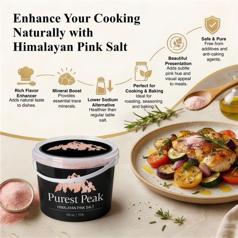 Purest Peak Fine Grain Himalayan Pink Salt, 10 LBS Bucket – Pure Gourmet Food Grade Chef Salt, Fine Grain Sea Salt, Natural Rock Salt, Kosher, Vegan, and Gluten Free Quick Pick Grocers