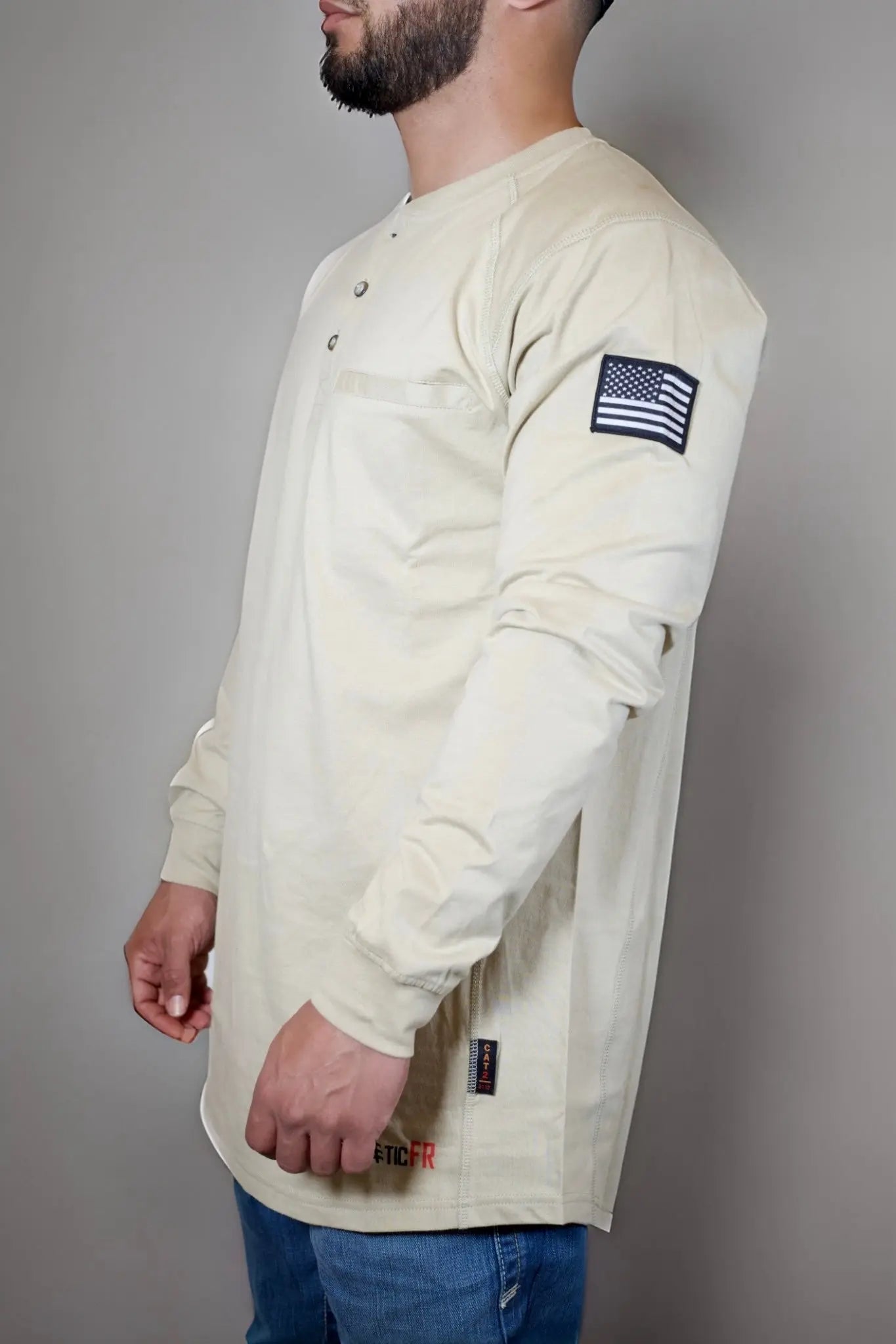 FR 3-Button Henley Shirt - Tan Static FR