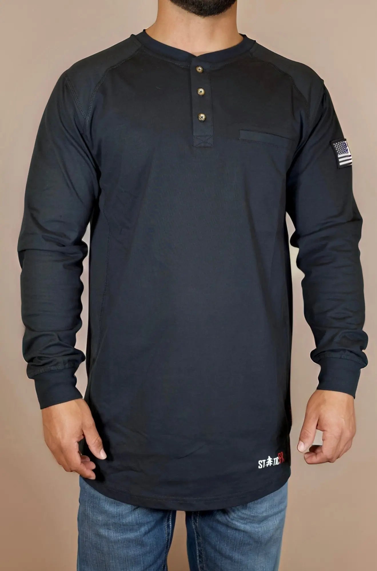 FR 3-Button Henley Shirt - Black Static FR
