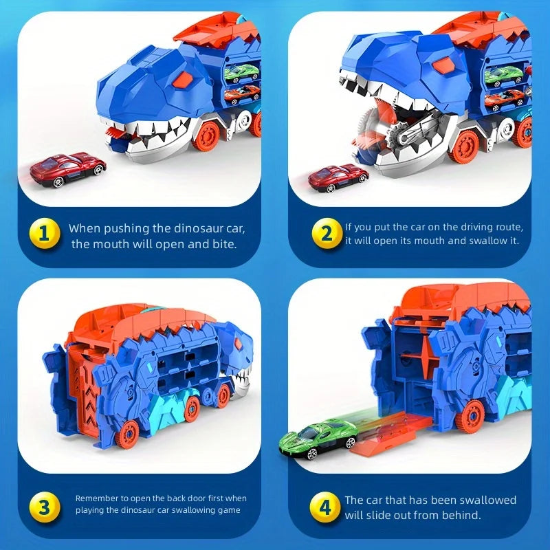 The transport dinosaur truck folds and slides 25 inches onto the track, turning four alloy buggies into standing Tyrannosaurus Quick Pick Grocers
