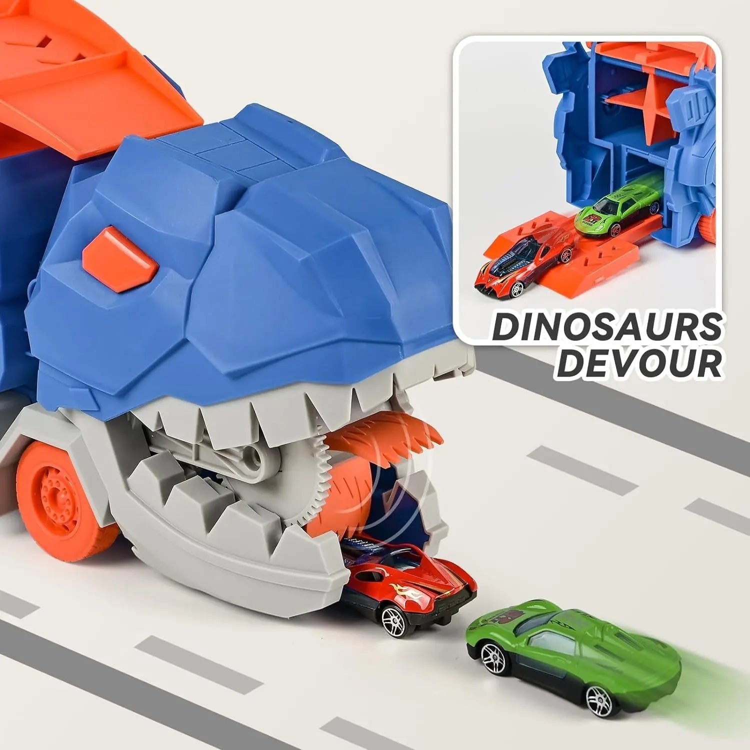 The transport dinosaur truck folds and slides 25 inches onto the track, turning four alloy buggies into standing Tyrannosaurus Quick Pick Grocers