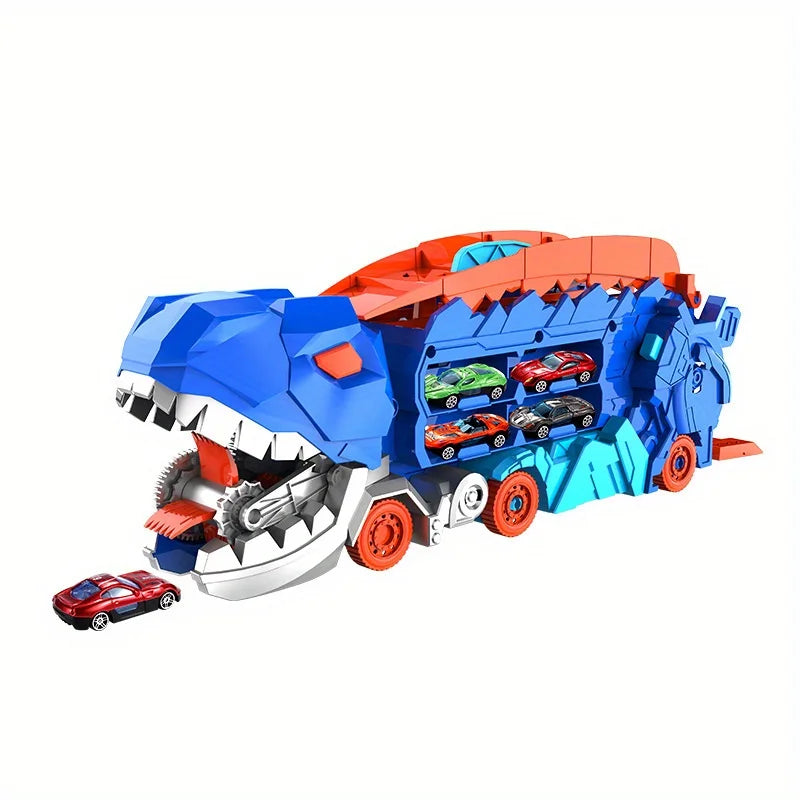 The transport dinosaur truck folds and slides 25 inches onto the track, turning four alloy buggies into standing Tyrannosaurus Quick Pick Grocers