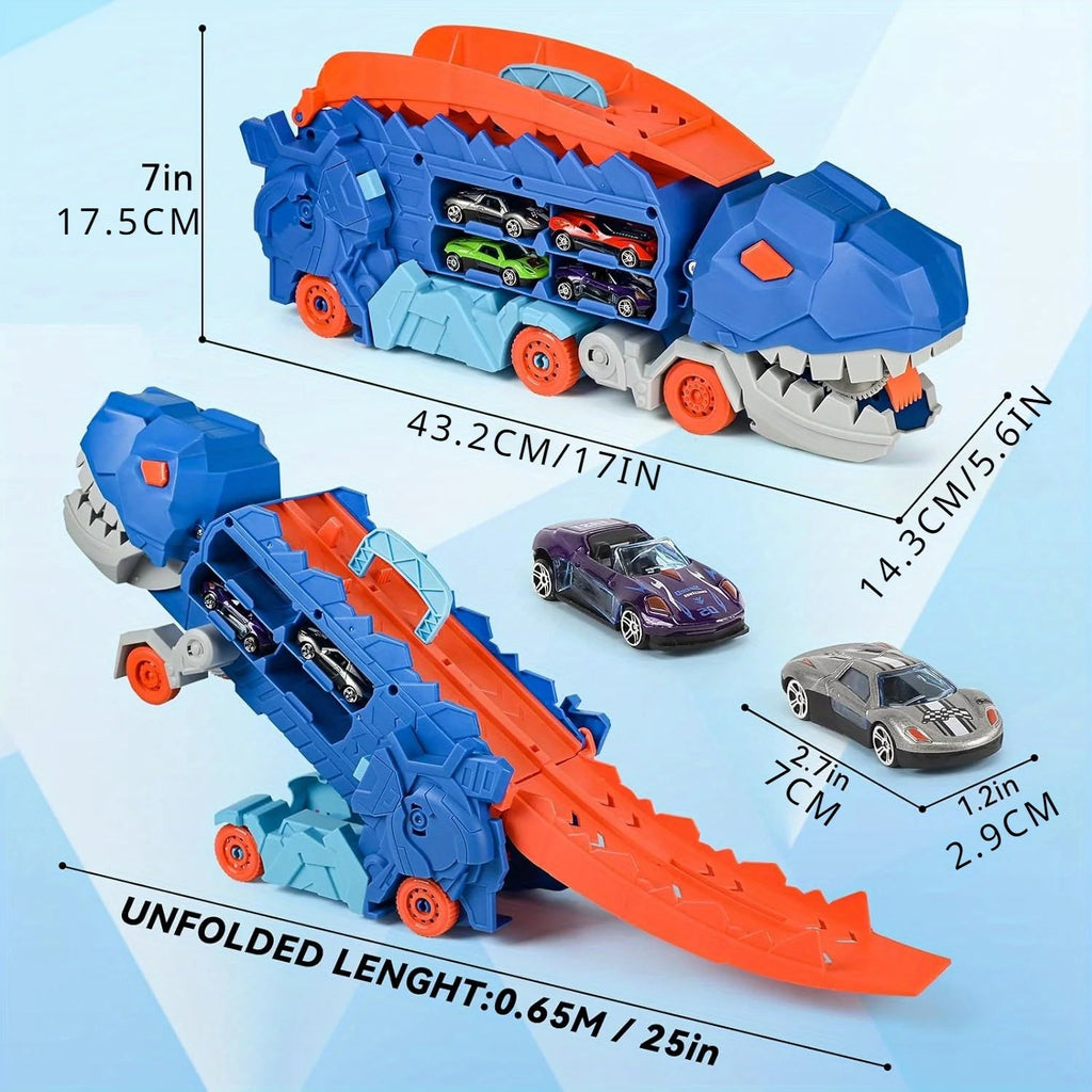 The transport dinosaur truck folds and slides 25 inches onto the track, turning four alloy buggies into standing Tyrannosaurus Quick Pick Grocers