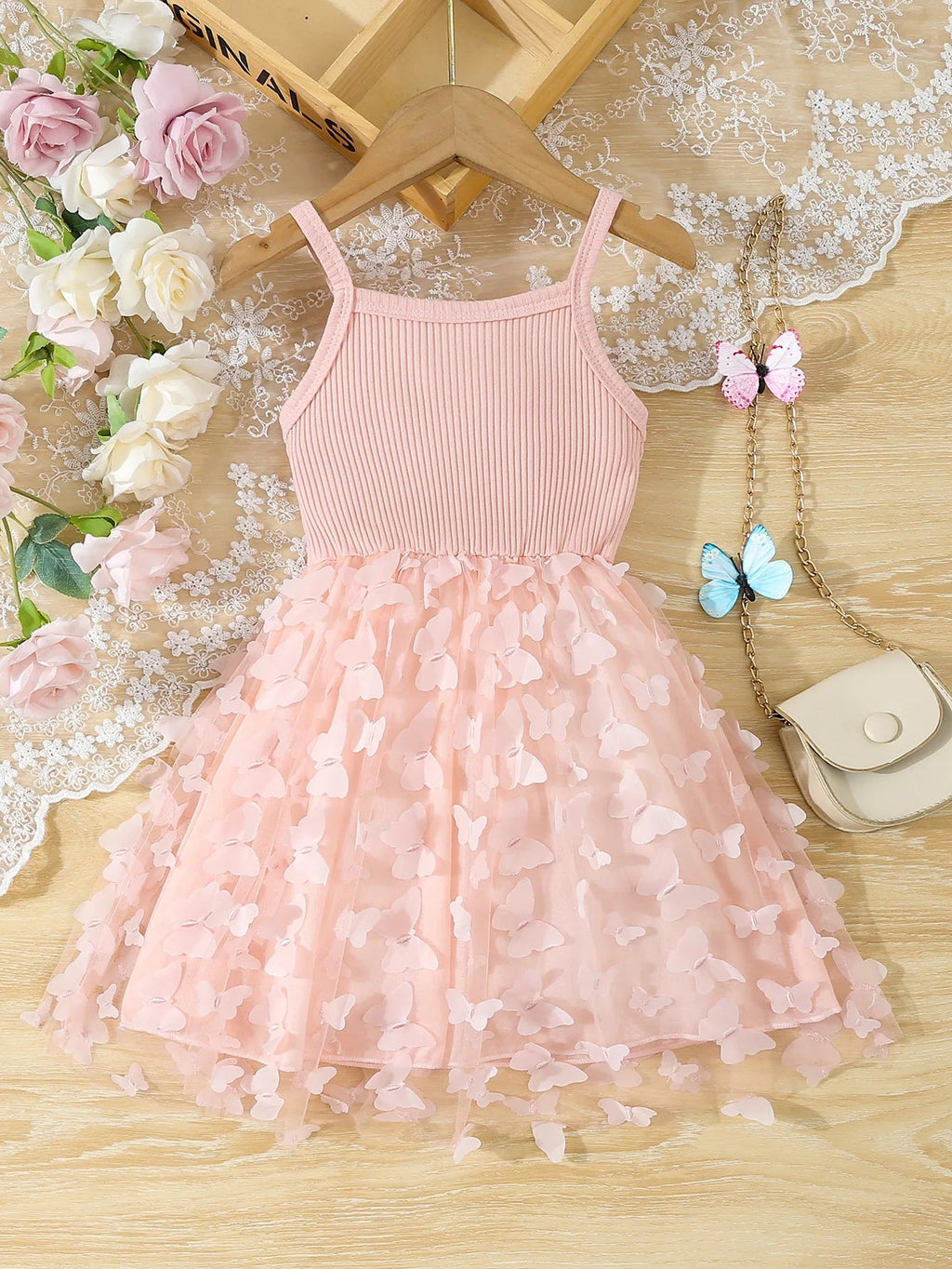 Summer Toddler  Kids  Girl's Clothes  Baby's Butterfly Decor Mesh Splicing Cami Dress Elegant Sleeveless Princess Dress Quick Pick Grocers