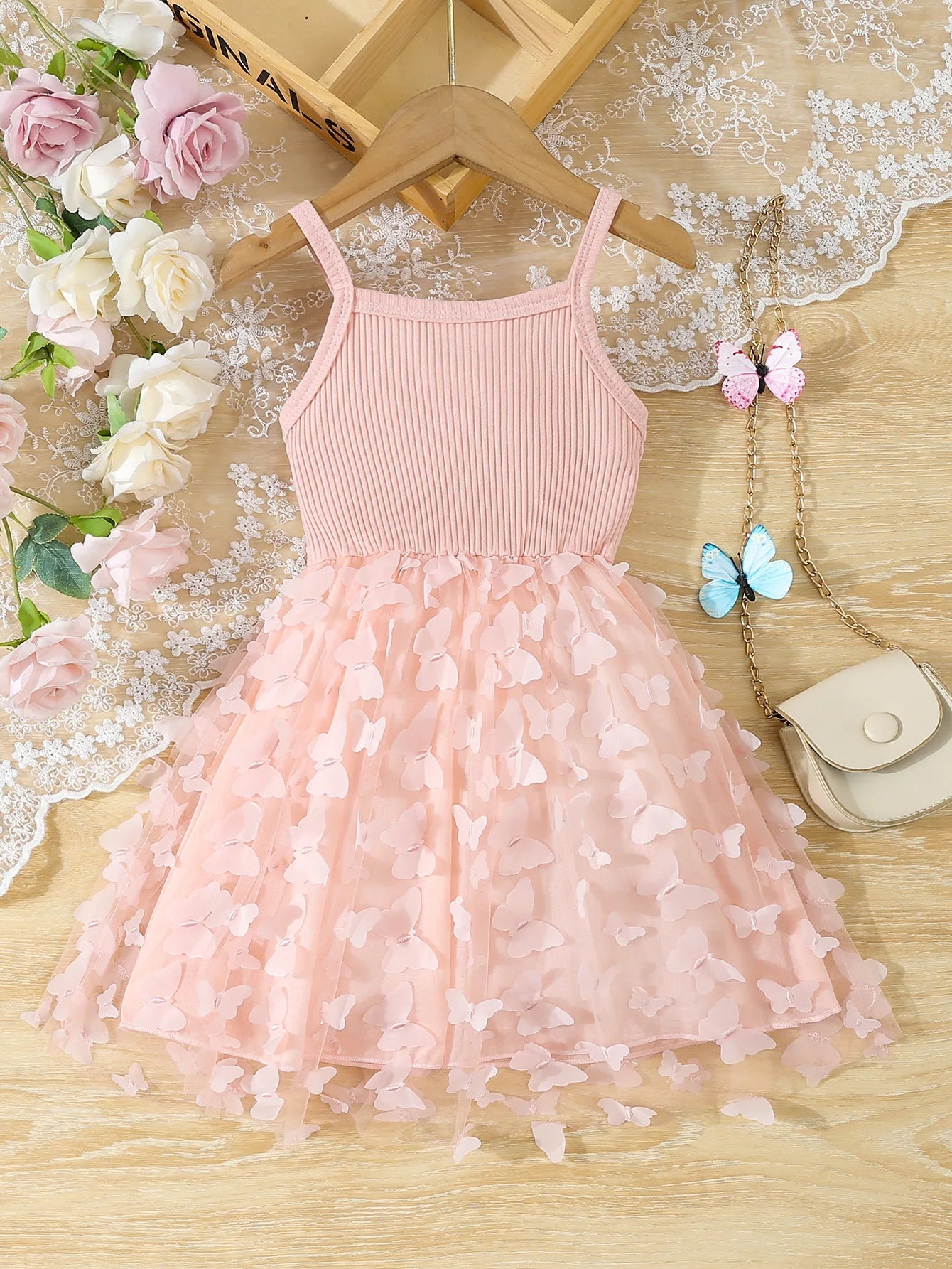 Summer Toddler  Kids  Girl's Clothes  Baby's Butterfly Decor Mesh Splicing Cami Dress Elegant Sleeveless Princess Dress Quick Pick Grocers
