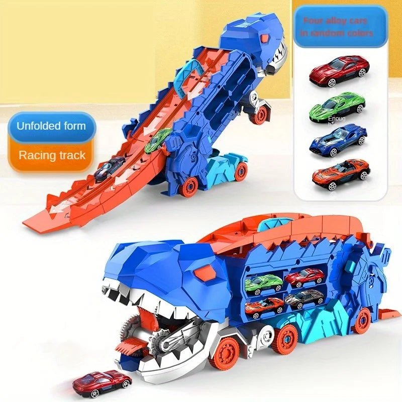 The transport dinosaur truck folds and slides 25 inches onto the track, turning four alloy buggies into standing Tyrannosaurus Quick Pick Grocers